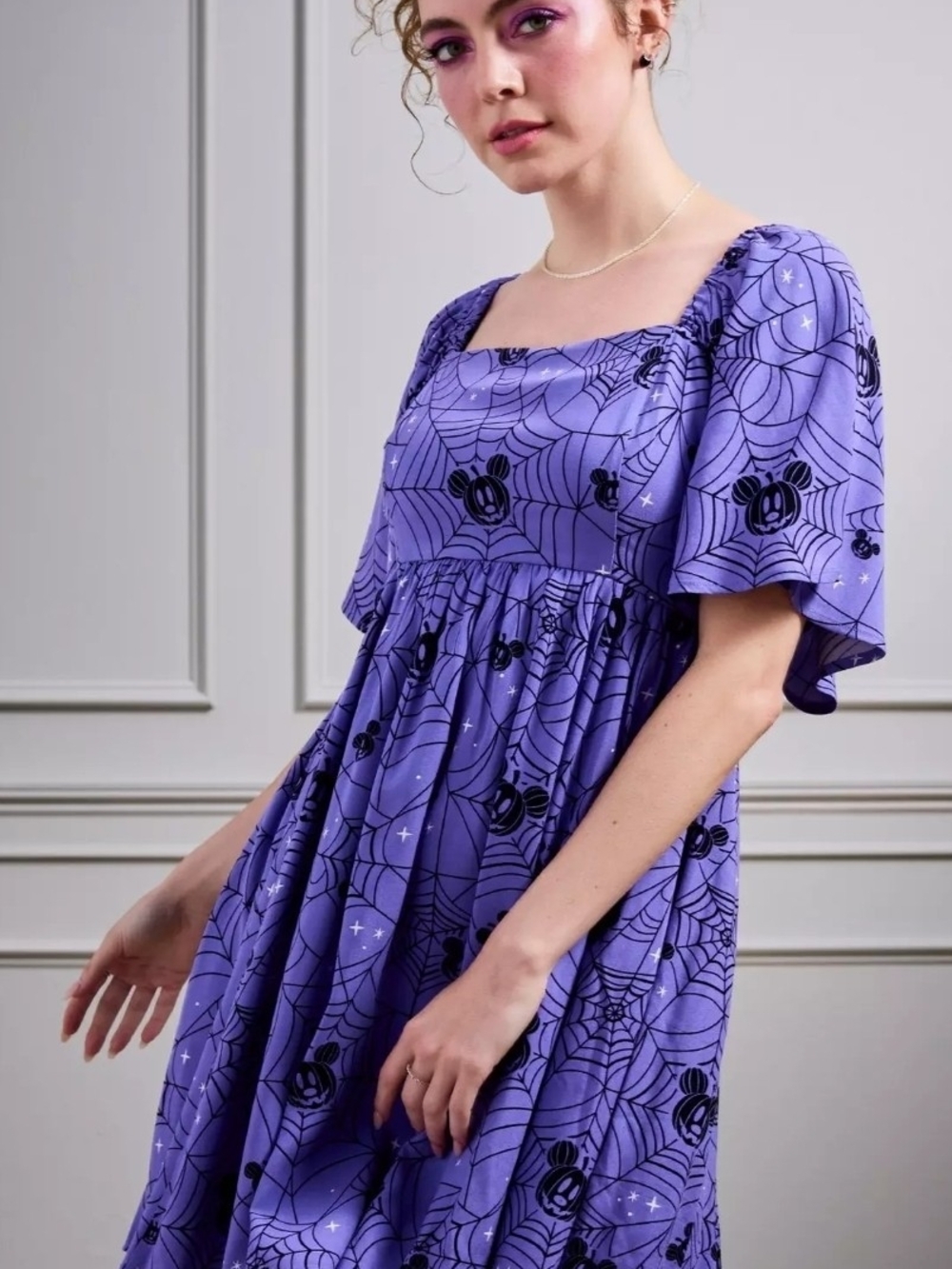 Disney Mickey Mouse Jack-O'-Lantern Spiderweb Allover Print Smock Dress Medium